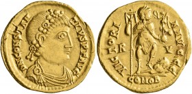Constantius III, 421. Solidus (Gold, 21 mm, 4.43 g, 7 h), Ravenna, 8 February-2 September 421. D N CONSTAN-TIVS P F AVG Laurel-and-rosette-diademed, d...