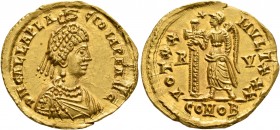 Galla Placidia, Augusta, 421-450. Solidus (Gold, 22 mm, 4.42 g, 7 h), Ravenna, 425-426. D N GALLA PLA-CIDIA P F AVG Pearl-diademed and draped bust of ...
