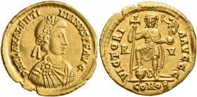Valentinian III, 425-455. Solidus (Gold, 21 mm, 4.46 g, 6 h), Ravenna, 426-455. D N PLA VALENTI-NIANVS P F AVG Pearl-diademed, draped and cuirassed bu...