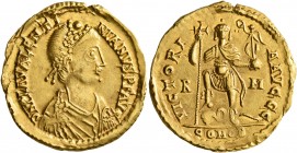 Valentinian III, 425-455. Solidus (Gold, 22 mm, 4.52 g, 11 h), Rome, 426-455. D N PLA VALENTI-NIANVS P F AVG Pearl-diademed, draped and cuirassed bust...