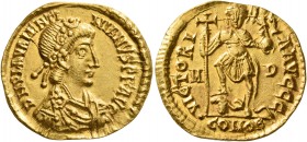 Valentinian III, 425-455. Solidus (Gold, 21 mm, 4.40 g, 6 h), Mediolanum, 430-440. D N PLA VALENTI-NIANVS P F AVG Laurel-and-rosette-diademed, draped ...