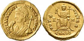 Valentinian III, 425-455. Solidus (Gold, 22 mm, 4.47 g, 1 h), Rome, 435. D N PLA VALENTI-NIANVS P F AVG Laurel-and-rosette-diademed bust of Valentinia...