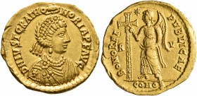 Justa Grata Honoria, Augusta, circa 426-450. Solidus (Gold, 21 mm, 4.45 g, 7 h), Ravenna. D N IVST GRAT HO-NORIA P F AVG Pearl-diademed and draped bus...