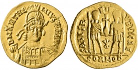 Anthemius, 467-472. Solidus (Gold, 20 mm, 4.51 g, 6 h), Rome, 468. D N ANTHE-MIVS P F AVG Pearl-diademed, helmeted and cuirassed bust of Anthemius fac...