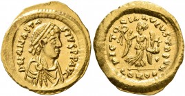 Anastasius I, 491-518. Tremissis (Gold, 16 mm, 1.51 g, 7 h), Constantinopolis. D N ANASTASIVS P P AVG Diademed, draped and cuirassed bust of Anastasiu...