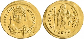 Justinian I, 527-565. Light weight Solidus of 22 Siliquae (Gold, 21 mm, 4.13 g, 6 h), Antiochia, 545-565. D N IVSTINIANVS P P AVG Helmeted and cuirass...