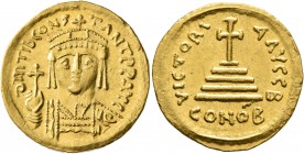 Tiberius II Constantine, 578-582. Solidus (Gold, 20 mm, 4.48 g, 7 h), Constantinopolis, 579-852. δ m TIb CONSTANT P P AVG Draped and cuirassed bust of...