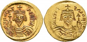 Phocas, 602-610. Solidus (Gold, 21 mm, 4.53 g, 12 h), brockage mint error, Constantinopolis. δ N FOCAS PЄRP AVG Draped and cuirassed bust of Phocas fa...