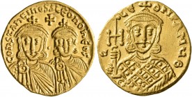 Constantine V Copronymus, with Leo IV, 741-775. Solidus (Gold, 20 mm, 4.42 g, 6 h), Constantinopolis, circa 751-757. COҺSTAҺTIҺOS S LЄOҺ O ҺЄOS Crowne...