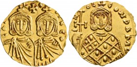 Constantine V Copronymus, with Leo IV, 741-775. Solidus (Gold, 21 mm, 3.81 g, 6 h), Syracuse, 751-775. CONTAN ΛЄO Crowned facing busts of Constantine ...
