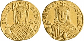 Constantine VI & Irene, 780-797. Solidus (Gold, 19 mm, 4.44 g, 7 h), Constantinopolis, 792-797. IRIҺH AΓOVSTI Facing bust of Irene, wearing loros and ...