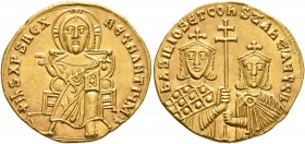 Basil I the Macedonian, with Constantine, 867-886. Solidus (Gold, 20 mm, 4.38 g, 7 h), Constantinopolis, 868-879. +IҺS XPS RЄX RЄςNANTIЧM✱ Christ, nim...