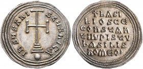 Basil I the Macedonian, with Constantine, 867-886. Miliaresion (Silver, 27 mm, 3.06 g, 12 h), Constantinopolis, 868-879. IҺSЧS XRI-STЧS ҺICA Cross pot...