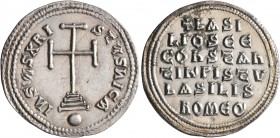 Basil I the Macedonian, with Constantine, 867-886. Miliaresion (Silver, 25 mm, 2.88 g, 12 h), Constantinopolis. IҺSЧS XRISTЧS ҺICA Cross potent set on...