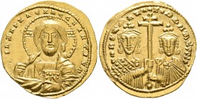 Constantine VII Porphyrogenitus, with Romanus I, 913-959. Solidus (Gold, 21 mm, 4.44 g, 6 h), Constantinopolis, 945-959. +IҺS XPS RЄX RЄGNANTIЧm' Nimb...