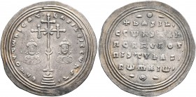Basil II Bulgaroktonos, with Constantine VIII, 976-1025. Miliaresion (Silver, 29 mm, 2.94 g, 6 h), Constantinopolis, 989-1025. ЄҺ TOVTω ҺICAT' - baSIL...