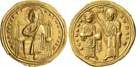 Romanus III Argyrus, 1028-1034. Histamenon (Gold, 24 mm, 4.43 g, 7 h), Constantinopolis. +IҺS XIS RЄX RЄςNANTIҺm Christ, nimbate, seated facing on squ...