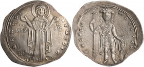 Constantine IX Monomachus, 1042-1055. Miliaresion (Silver, 28 mm, 2.39 g, 6 h), Constantinopolis. + ΔЄCΠΟΙ - ΝΑ CⲰΖΟΙC The Virgin orans, nimbate, stan...