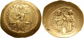 Constantine X Ducas, 1059-1067. Histamenon (Gold, 28 mm, 4.40 g, 6 h), Constantinopolis. +IҺS XIS RЄX RЄςNANTIҺm Christ, nimbate, seated facing on lyr...