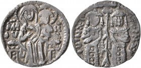 John V Palaeologus, with John VI, 1341-1391. Basilikon (Silver, 17 mm, 1.16 g, 1 h), Constantinopolis. ΜΗ-ΘV - ΙC-X The Virgin enthroned facing, nimba...