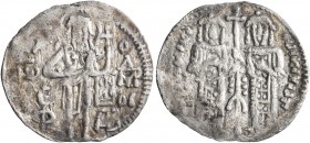 John V Palaeologus, with John VI, 1347-1353. Basilikon (Silver, 20 mm, 0.94 g, 7 h), Constantinopolis. O-Α-Γ-ΙⲰ - Ο-monogram of ΠΡΟΔΡΟΜ-OC John the Ba...