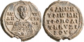 Demetrios, metropolitan bishop of Kyzikos, 10th century. Seal (Lead, 23 mm, 7.84 g, 12 h). AΓ, / ΔH/MH-TPI/Є RO/HΘ Bust of St. Demetrios, nimbate, wea...