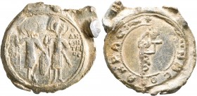 Johannes Gabras, late 12th to first half 13th century. Seal (Lead, 50 mm, 48.06 g, 12 h). [...] - Θ ΔH/MH/TPI/OC Saints Georgios, on the left, and Dem...