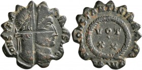 Circa 4th-6th centuries. Weight of 1 Semissis (Bronze, 17 mm, 2.08 g, 12 h), a serrated coin weight for a semisssis made from a follis of Constantine ...