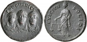Valentinian II, with Theodosius I and Arcadius, 375-392. Exagium Solidi (Bronze, 20 mm, 4.13 g, 11 h), Constantinopolis, 383-392. DDD NNN GGG Diademed...