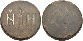 Circa 4th-6th centuries. Weight of 18 Nomismata (Orichalcum, 37 mm, 80.45 g), a uniface circular coin weight with plain egdes. Ṅ IH engraved in outlin...