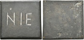 Circa 4th-6th centuries. Weight of 15 Nomismata (Orichalcum, 37x38 mm, 65.68 g), a uniface square coin weight with plain egdes. Ṅ IE engraved in outli...