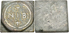 Circa 4th-6th centuries. Weight of 12 Nomismata (Orichalcum, 28x28 mm, 48.92 g), a uniface square coin weight with plain edges. Ṅ IB with crosses abov...