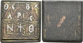 Circa 4th-6th centuries. Weight of 9 Nomismata (Orichalcum, 26x26 mm, 40.34 g), a uniface square coin weight with double-grooved edges. Ṅ - † - Θ, eng...