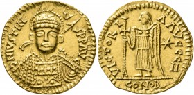 VISIGOTHS, Gaul. Temp. Amalaric to Atanagild, 511-567. Solidus (Gold, 21 mm, 4.36 g, 6 h), in the name of Justin I, 518-527. Narbona (?), circa 520-53...