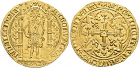 FRANCE, Royal. Charles V le Sage (the Wise), 1364-1380. Franc à pied (Gold, 29 mm, 3.79 g, 11 h), Limoges, after 1368. +KAROLVS DI GR FRANCORV REX Cha...