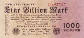 Deutsches Reich bis 1945
Geldscheine der Inflation 1919-1924 1 Billion Mark 1.11.1923. Serie R Ro. 126 b I-II