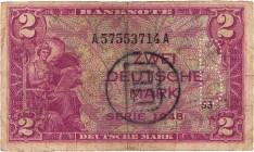 Bundesrepublik Deutschland
Bank deutscher Länder 1948-1949 2 DM 1948. Mit B-Stempel, Serie A / B und mit B-Stempel und B-Perforation (etwas verwasche...