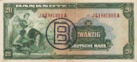 Bundesrepublik Deutschland
Bank deutscher Länder 1948-1949 20 DM 1948. Serie J / D (2x), mit B-Stempel, mit B-Perforation und mit B-Stempel und B-Per...