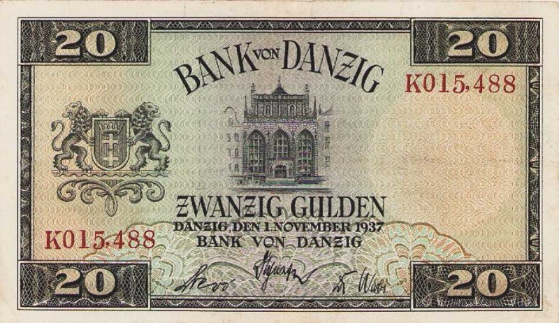 Selbständige oder besetzte deutsche Gebiete
Bank von Danzig 1924-1938 20 Gulden...