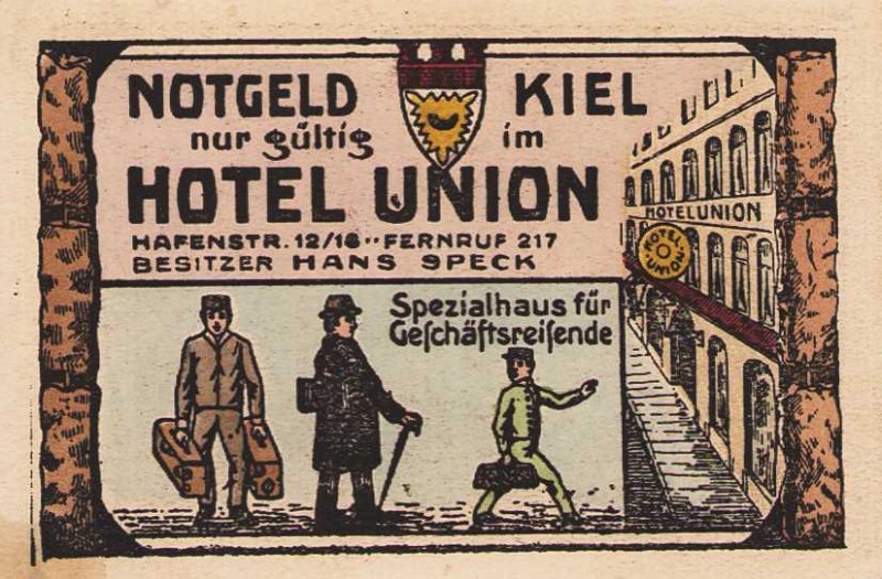 Städte und Gemeinden
Kiel (SH.) 50 Pf. o.D. Hans Speck, Hotel Union - Champagne...