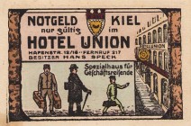 Städte und Gemeinden
Kiel (SH.) 50 Pf. o.D. Hans Speck, Hotel Union - Champagnerszene und Werft. 50 Pf. (3x) >b>Kaufhaus Hartung & Co. 50 Pf. o.D. Fr...