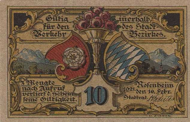 Städte und Gemeinden
Rosenheim (Bay.) 5 und 10 Pfennig 16.2.1921. Stadt. Ohne W...