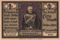 Städte und Gemeinden
Stolp (Pom/Polen) 1 Mark o.D. (1922). Kaffeehaus Reinhardt. An Stelle von Konto "Kaffeehaus Reinhardt" und an Stelle der KN "Rei...
