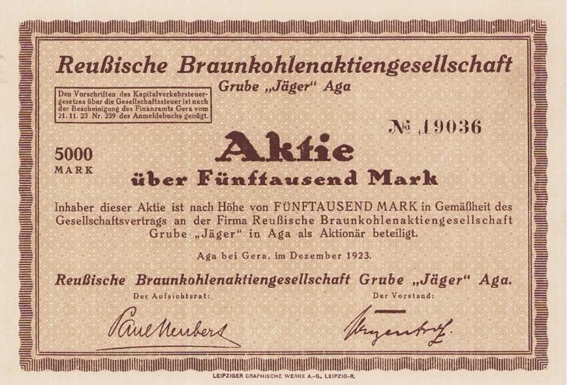 Lots
Lot-5 Stück Dabei: Aga bei Gera - Aktie über 5000 Mark Dez. 1923 - Reußisc...