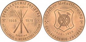 Ausbeute, Bergbau, Hüttenwesen
 Kupfermedaille 1978. 50 Jahre Metallformung. Emblem / Gießgeräte. 60 mm, 71,15 g. Dazu geschwärzte Medaille zum gleic...