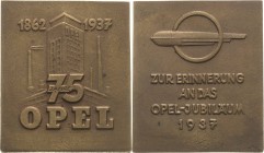 Auto- und Motorradmedaillen und -plaketten
Rüsselsheim Bronzierte Eisenplakette 1937. 75 Jahre Opel. Fabriksgebäude / Emblem über 4 Zeilen Schrift. 9...