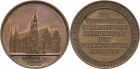 Eisenbahnen
 Bronzemedaille 1855 (Loos) Versammlung des Deutschen Eisenbahnvereins in Breslau. Ansicht des Rathauses / 7 Zeilen Schrift. 44,5 mm, 34,...
