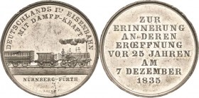 Eisenbahnen
 Zinnmedaille 1860 (Lauer) 25 Jahre Eisenbahnstrecke Nürnberg-Fürth. Eisenbahn nach rechts / 8 Zeilen Schrift. 30,5 mm, 8,00 g Erlanger 6...