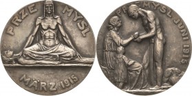 Erster Weltkrieg
 Silbermedaille 1915 (P. Leibküchler) Belagerung bei Przemysl. Mann sitzt auf einem toten Mädchen / Nackter Kämpfer löst vor ihm sit...