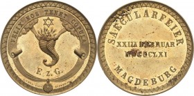 Freimaurer
 Vergoldete Bronzemedaille 1861 (Loos/Blanke) 100-Jahrfeier der Loge Ferdinand zur Glückseeligkeit in Magdeburg. Aus Wolken reichende Händ...
